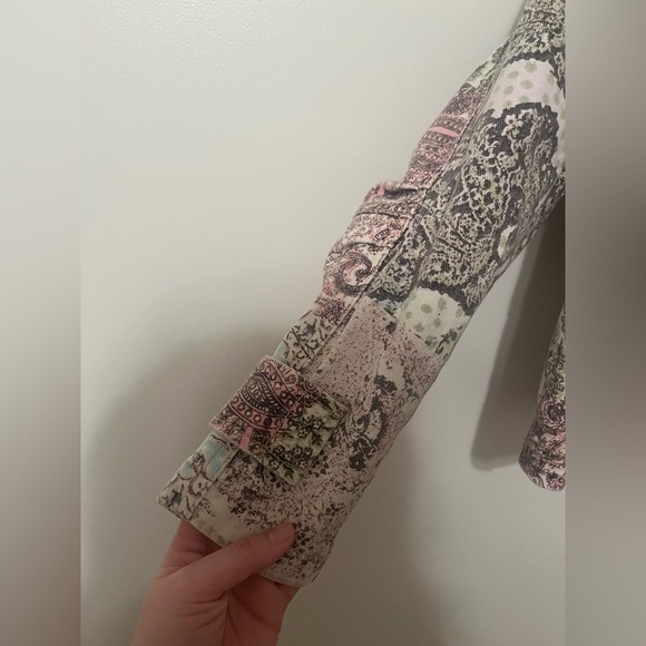 Free People Nadia Moto Jacket Pierced Mix Print Paisley Sage Pink Black - Picture 9 of 12